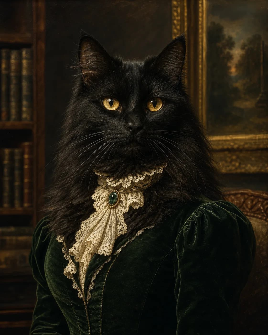 Black cat presented as a dignified Victorian duchess